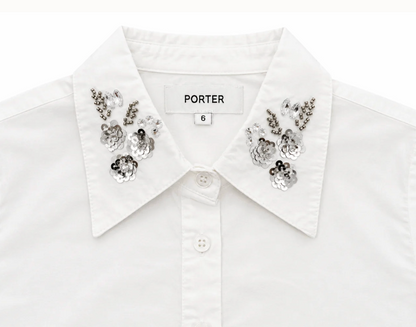 Porter White Button Down Sequin Collar Design Top