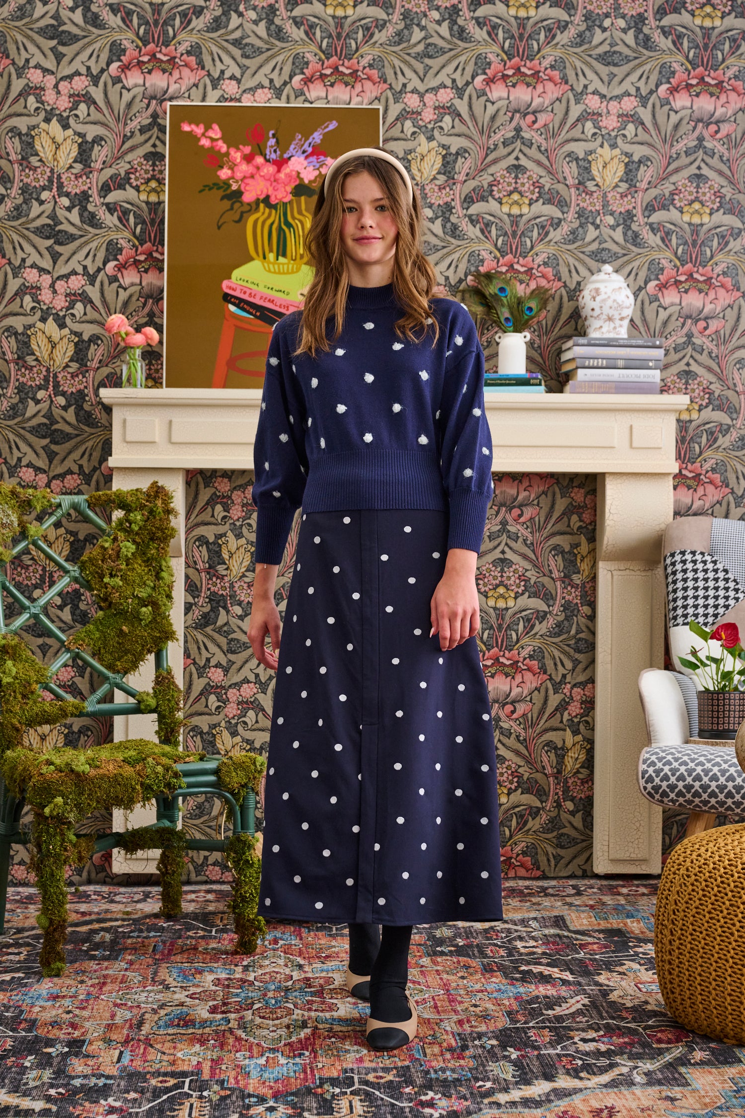 Laurent Navy With Stitched White Dots Skirt