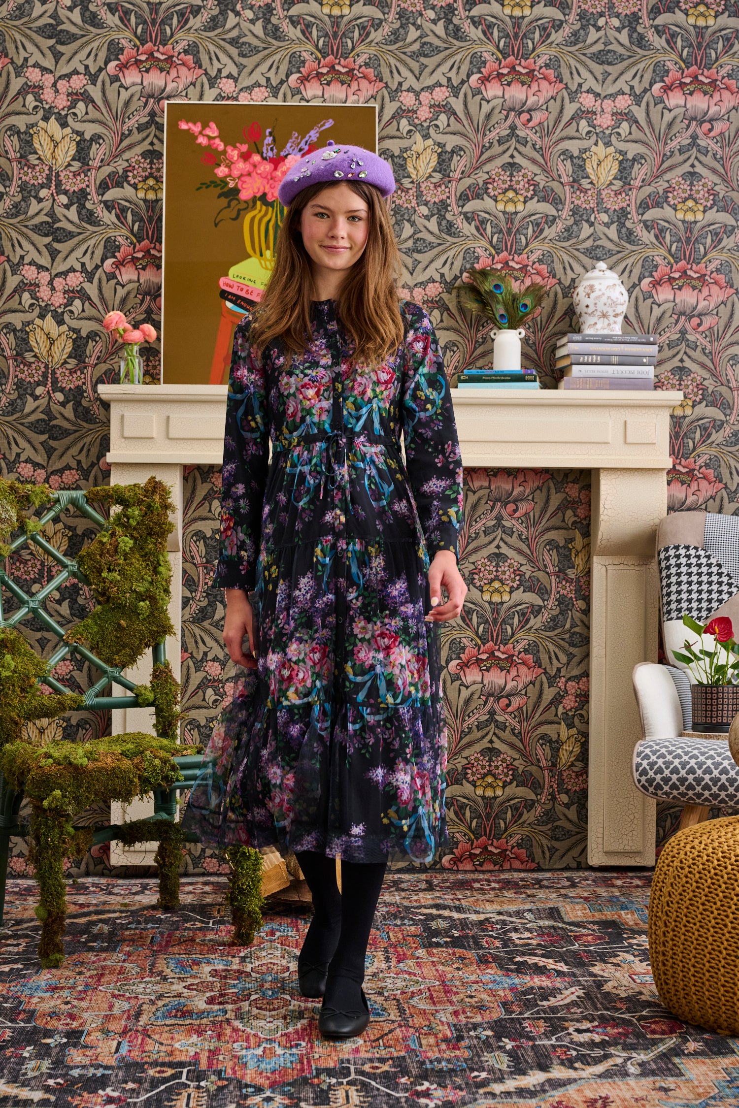 Laurent Floral Design With Mesh Overlay Dress