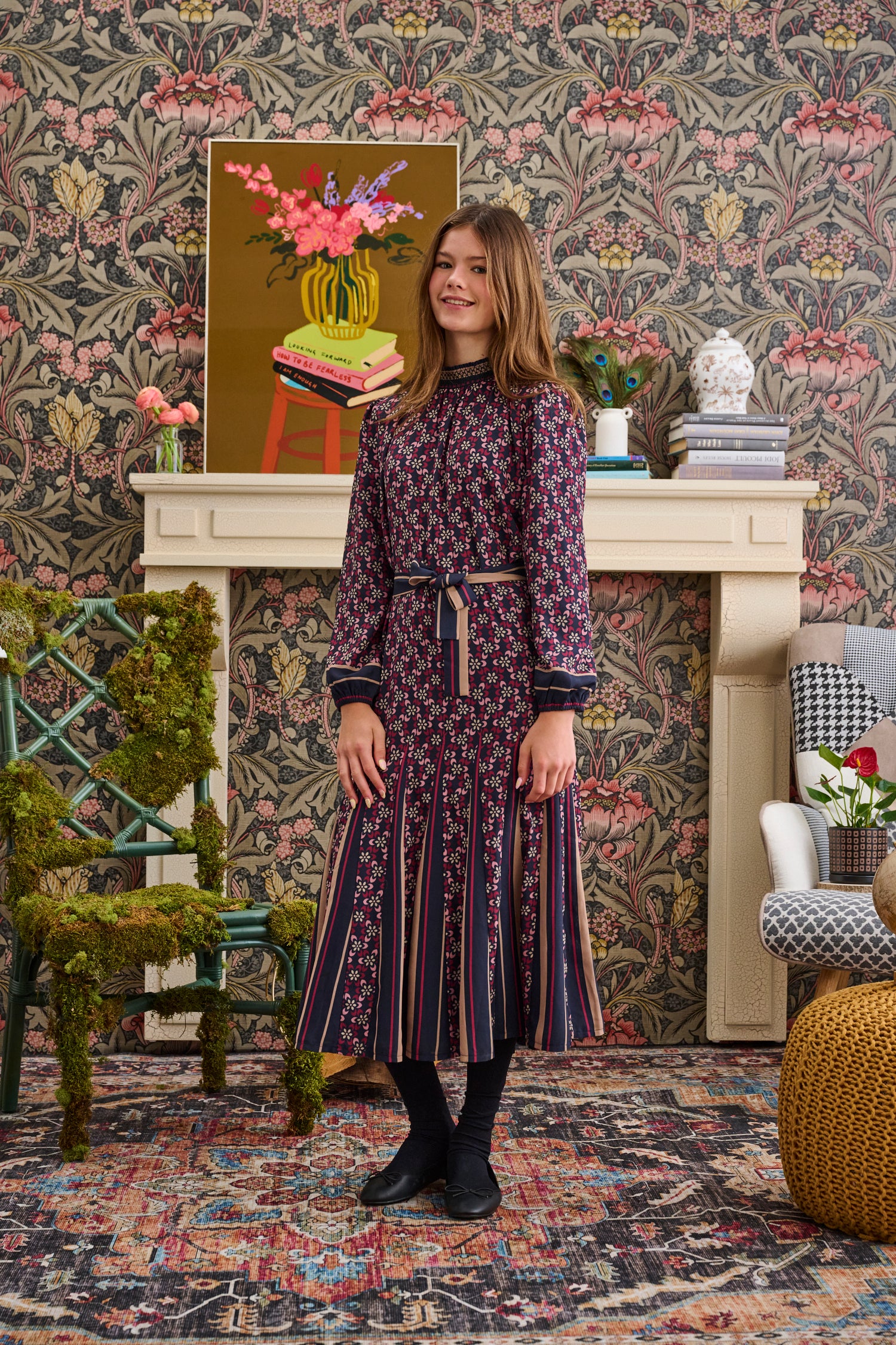 Laurent Navy Chiffon With Mauve Maroon Tan Flower Print Dress