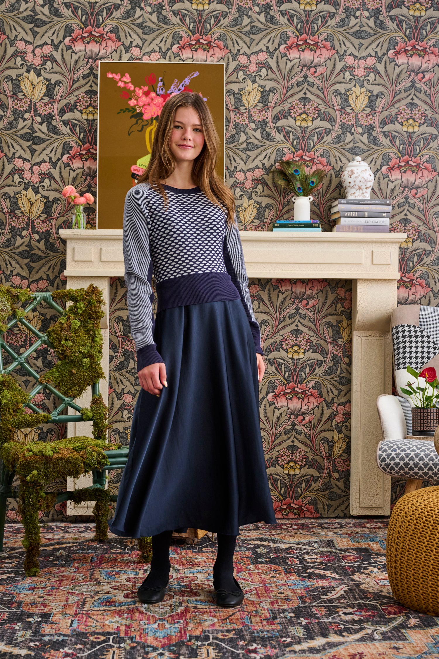 Laurent Navy &amp; White Knit &amp; Slip Material Dress
