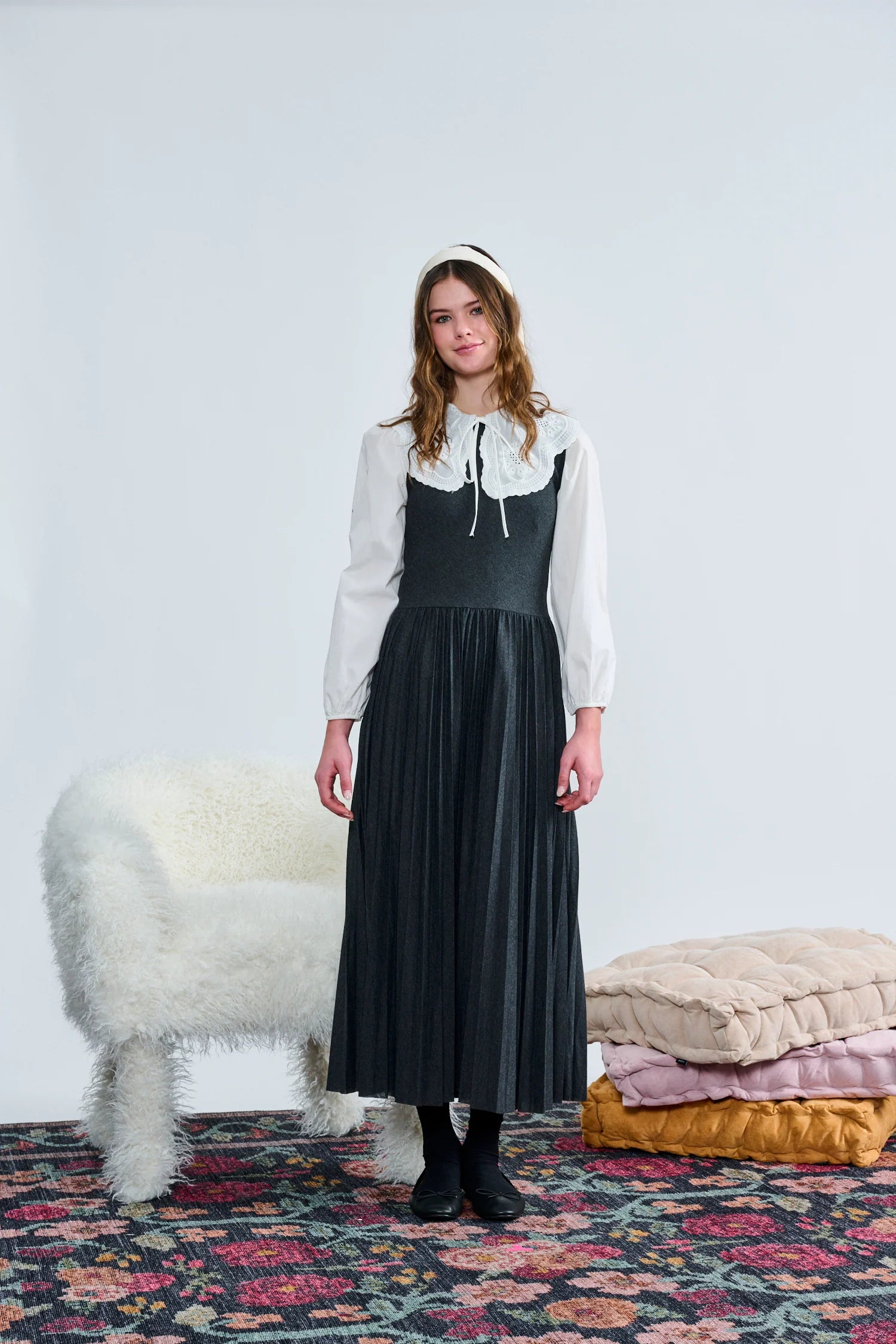 Laurent Girls Gray Knit Drop Waist Pleated Jumper