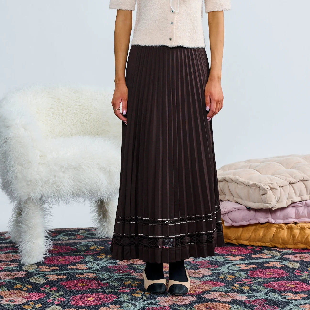 Laurent Chocolate Brown With Hem Detail Pleated Skirt