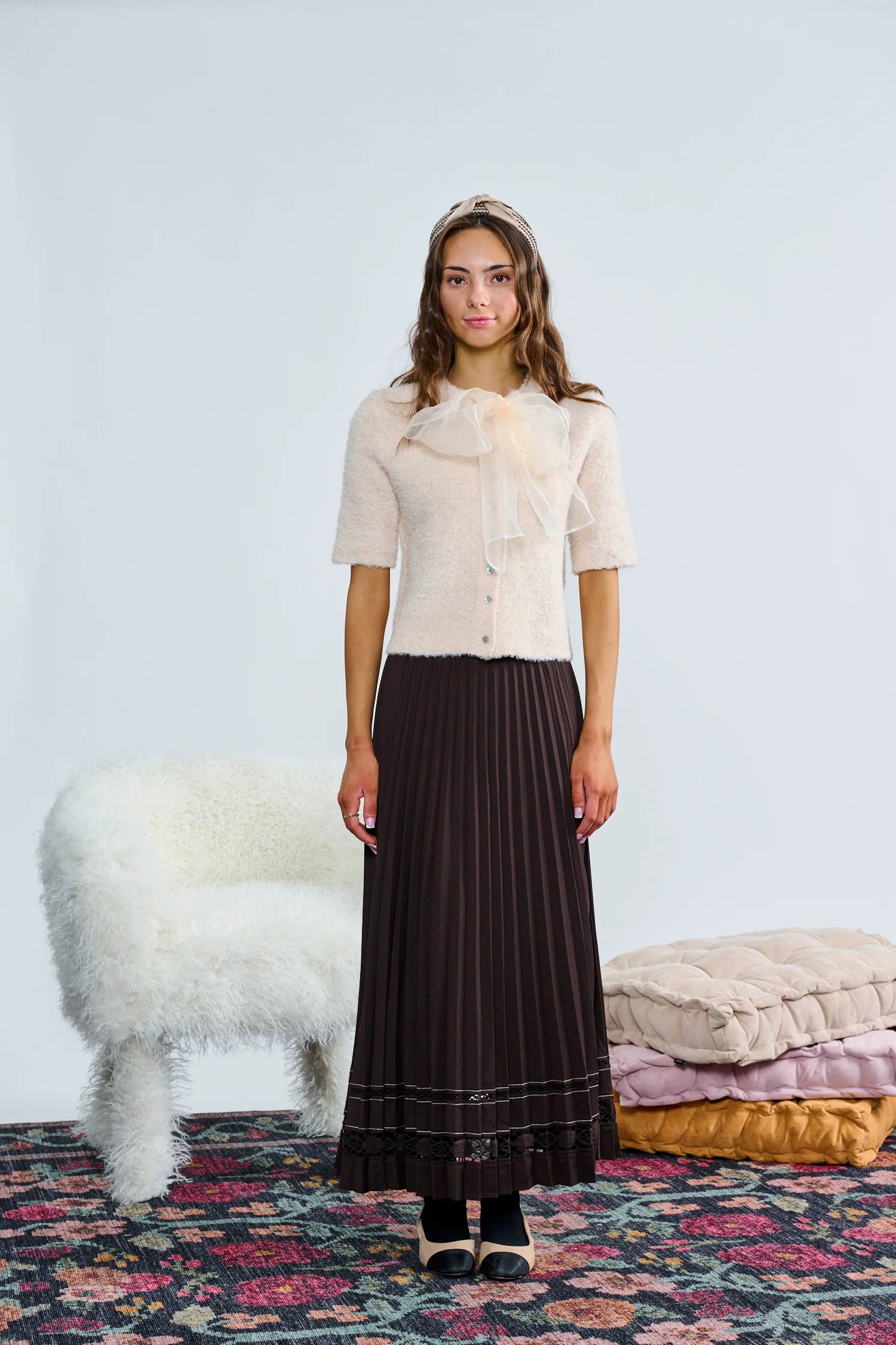 Laurent Ivory Fuzzy Knit With Organza Tie Bow Collar Top