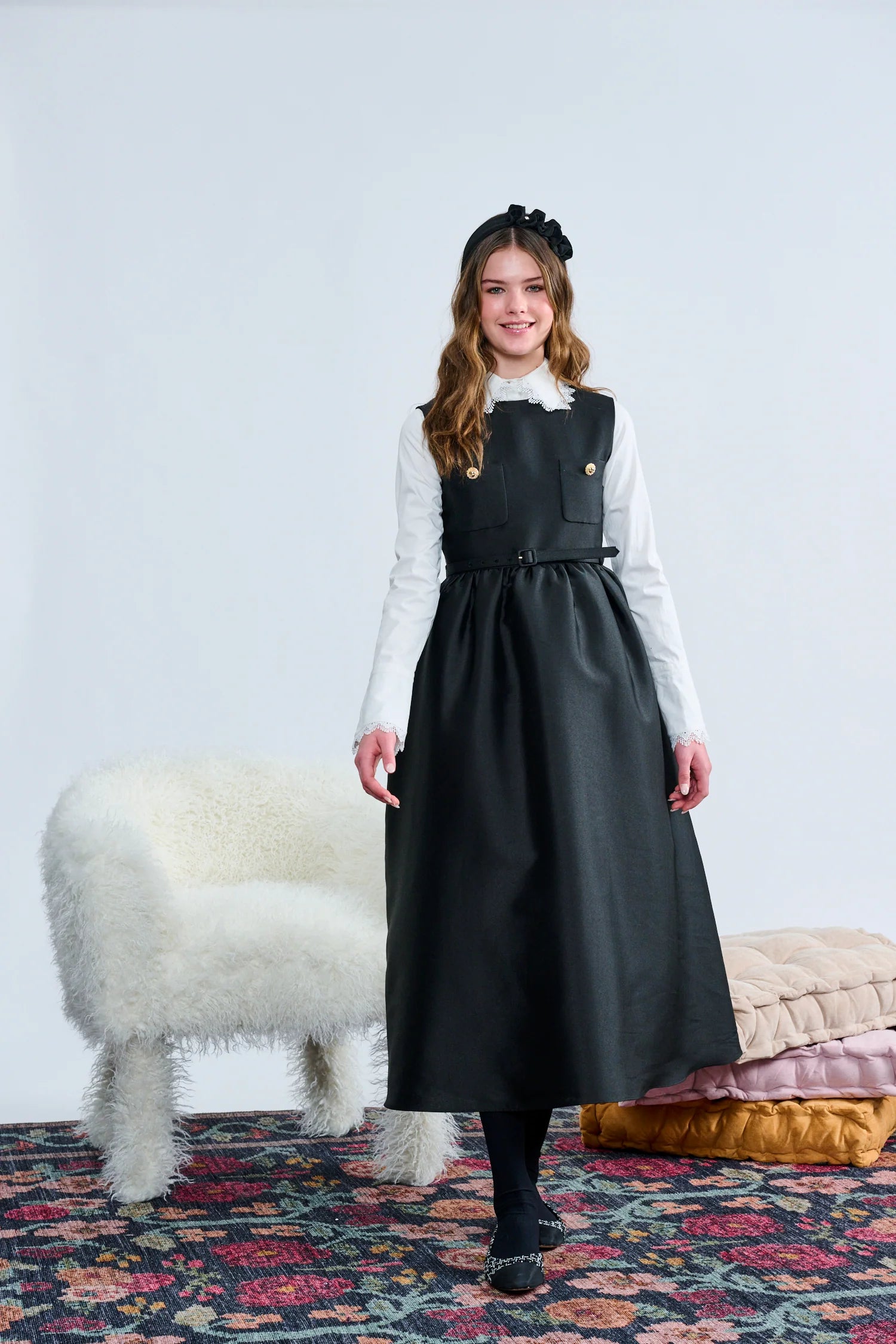 Laurent Girls Black Gold Button Belted Waist Jumper