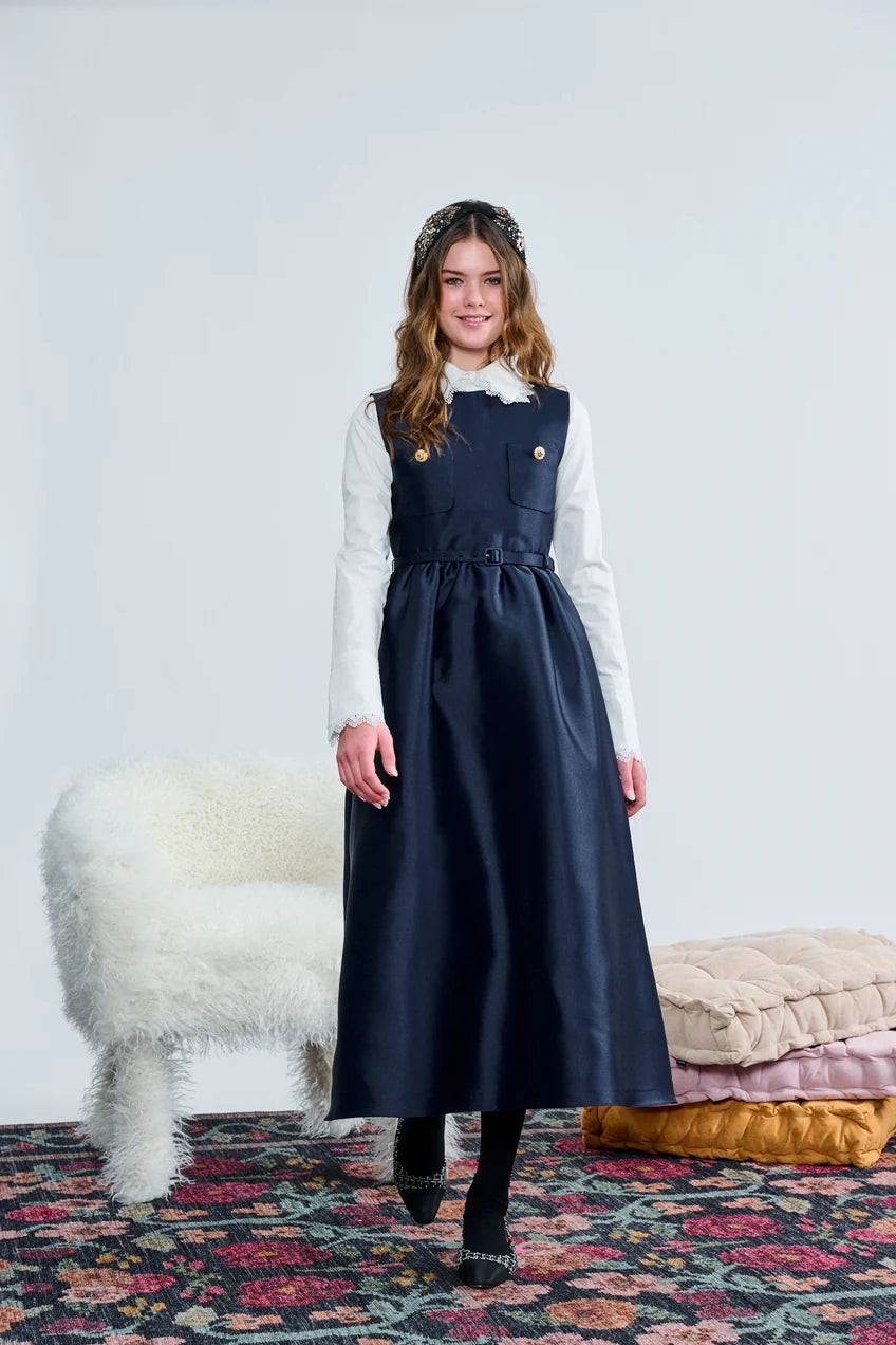 Laurent Navy Gold Button Belted Waist Jumper