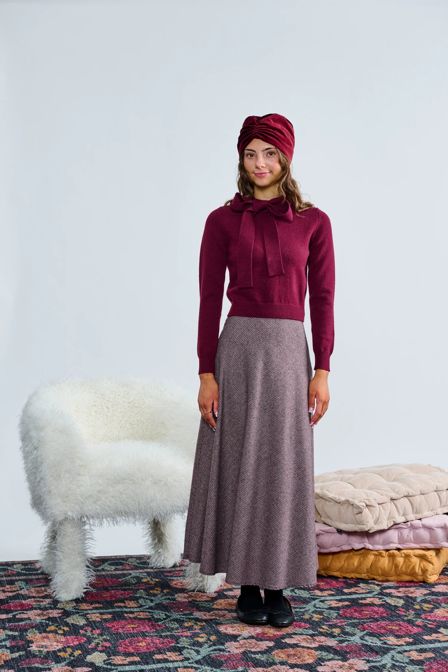 Laurent Maroon Black Houndstooth Wool A-Line Skirt