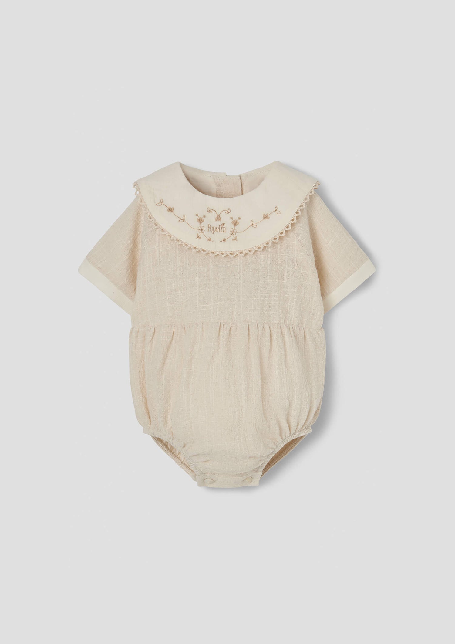 Popelin Off-White Romper Suit with Embroidered Bib Collar