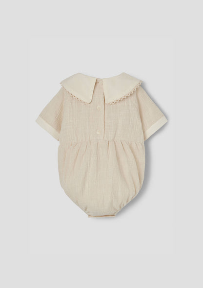 Popelin Off-White Romper Suit with Embroidered Bib Collar