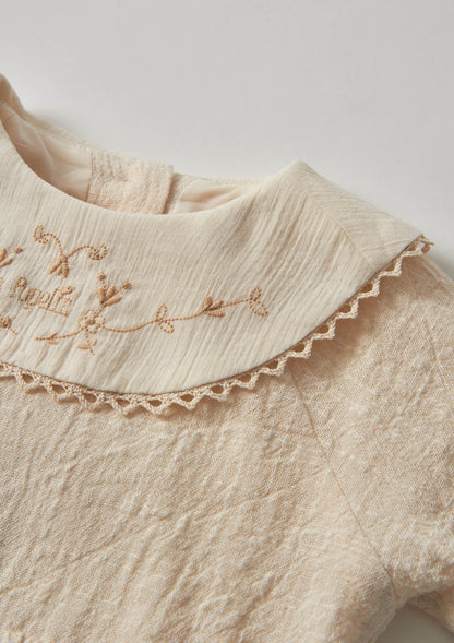 Popelin Off-White Romper Suit with Embroidered Bib Collar