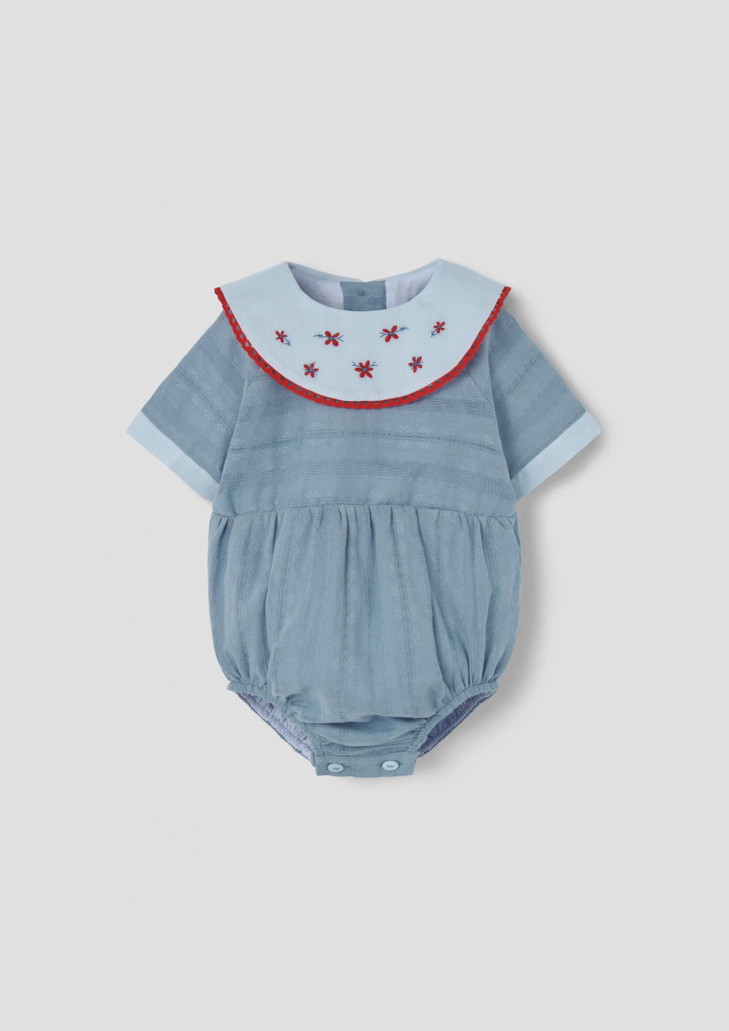 Popelin Blue Romper Suit with Embroidered Bib Collar