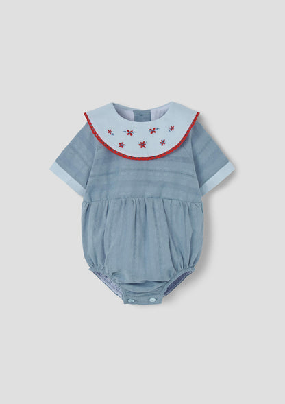 Popelin Blue Romper Suit with Embroidered Bib Collar
