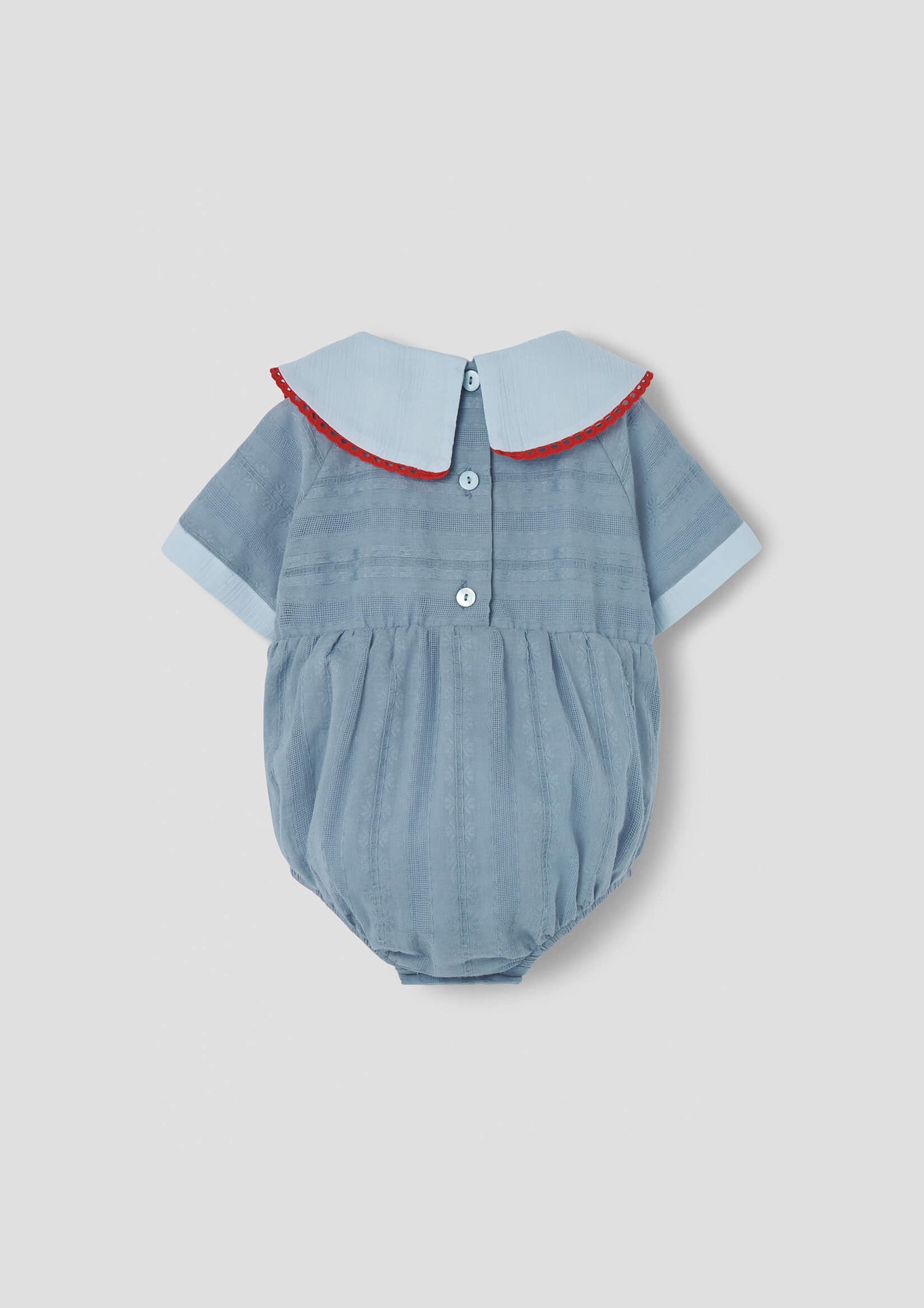 Popelin Blue Romper Suit with Embroidered Bib Collar
