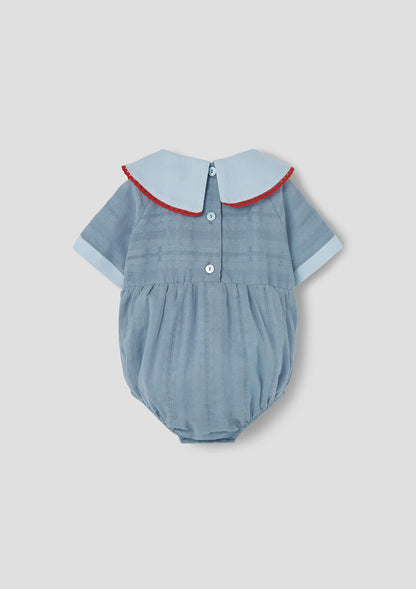 Popelin Blue Romper Suit with Embroidered Bib Collar