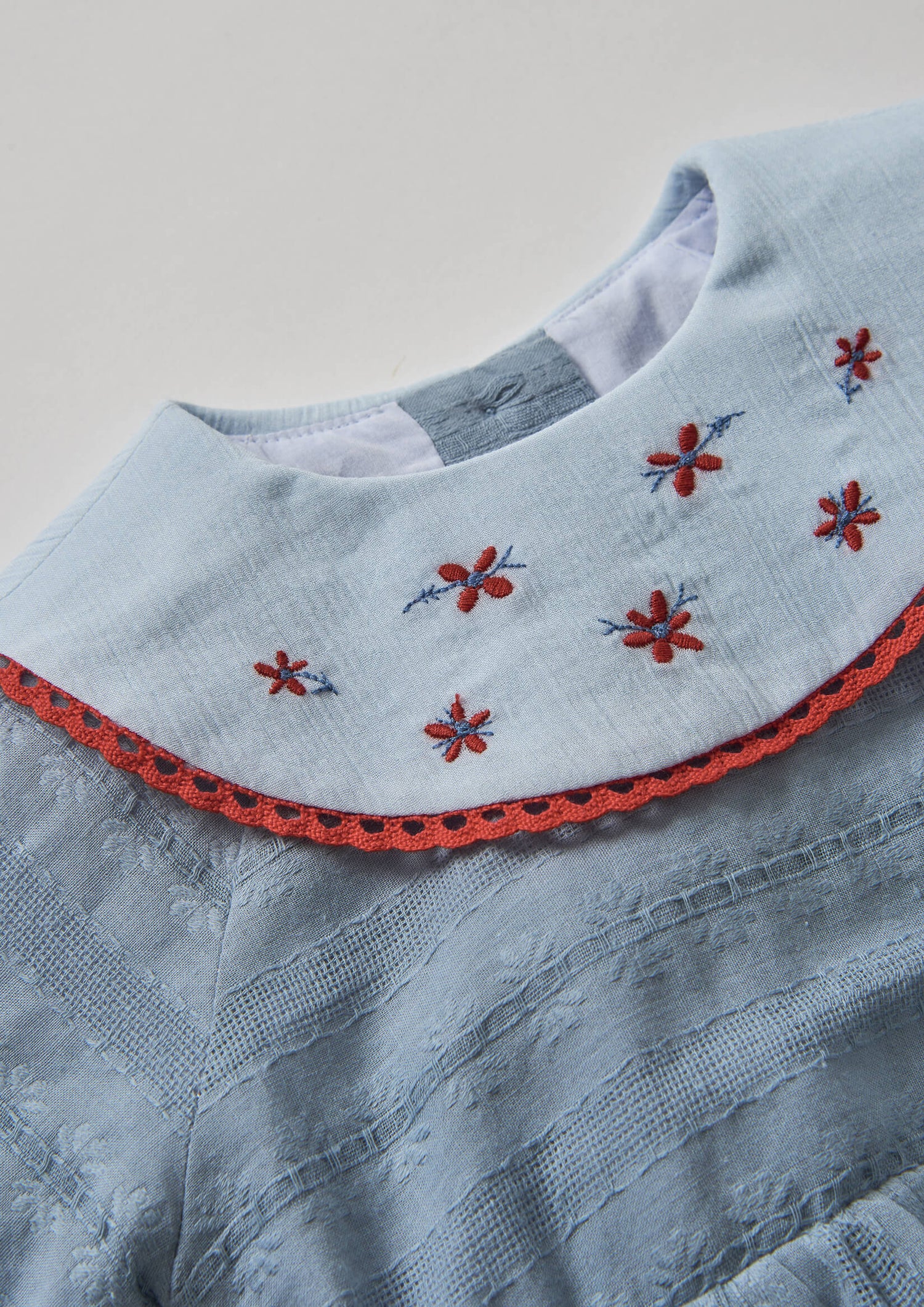 Popelin Blue Romper Suit with Embroidered Bib Collar