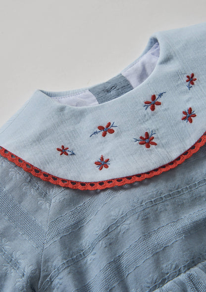 Popelin Blue Romper Suit with Embroidered Bib Collar