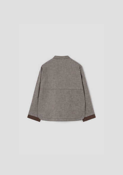 Popelin Boys Brown Herringbone Contrasting Shirt with Mandarin Collar