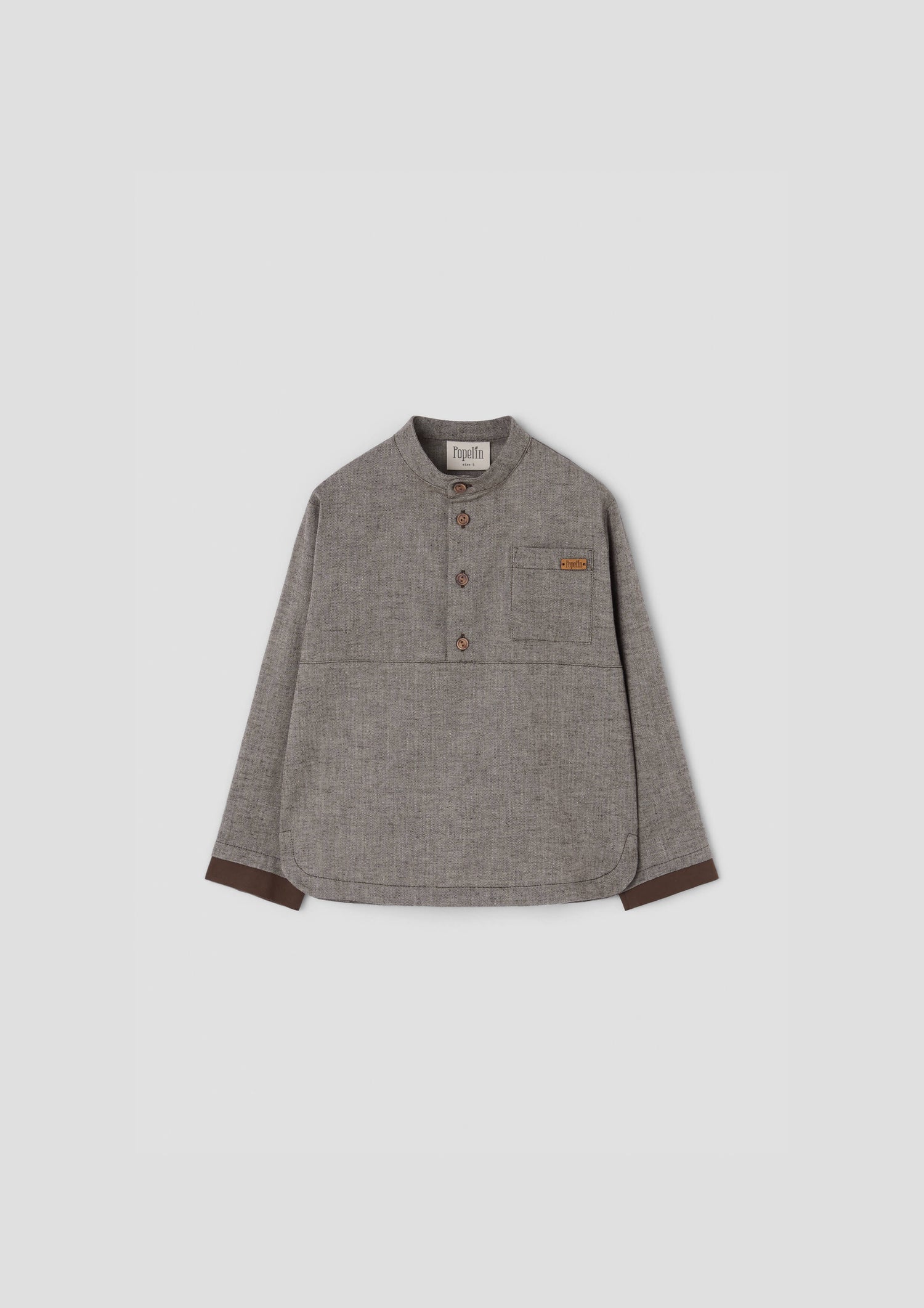 Popelin Boys Brown Herringbone Contrasting Shirt with Mandarin Collar