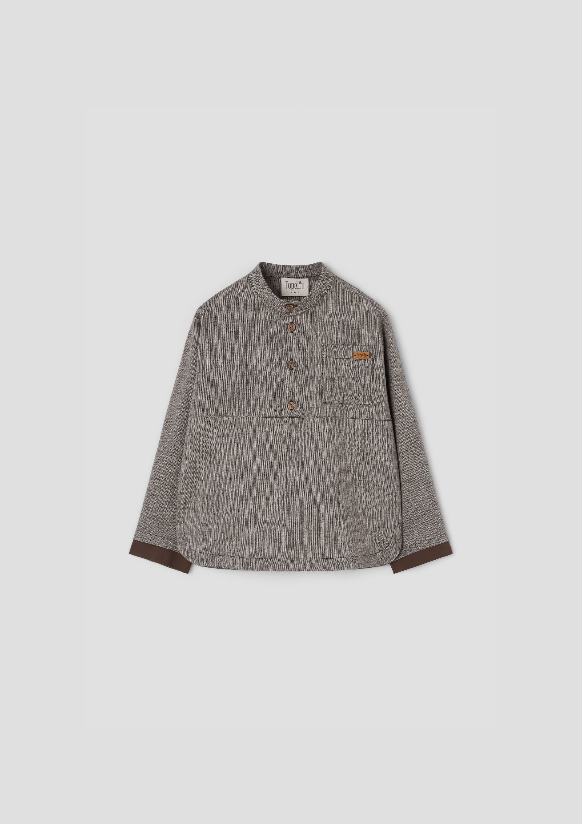 Popelin Boys Brown Herringbone Contrasting Shirt with Mandarin Collar