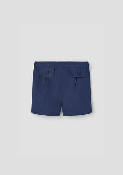 Popelin Navy Blue Linen Shorts with Flaps