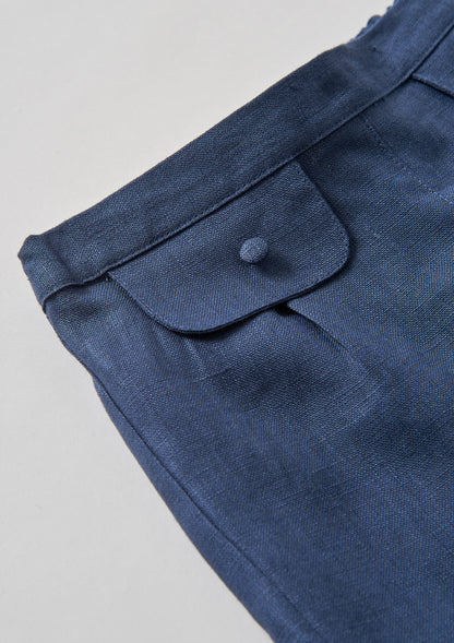Popelin Navy Blue Linen Shorts with Flaps