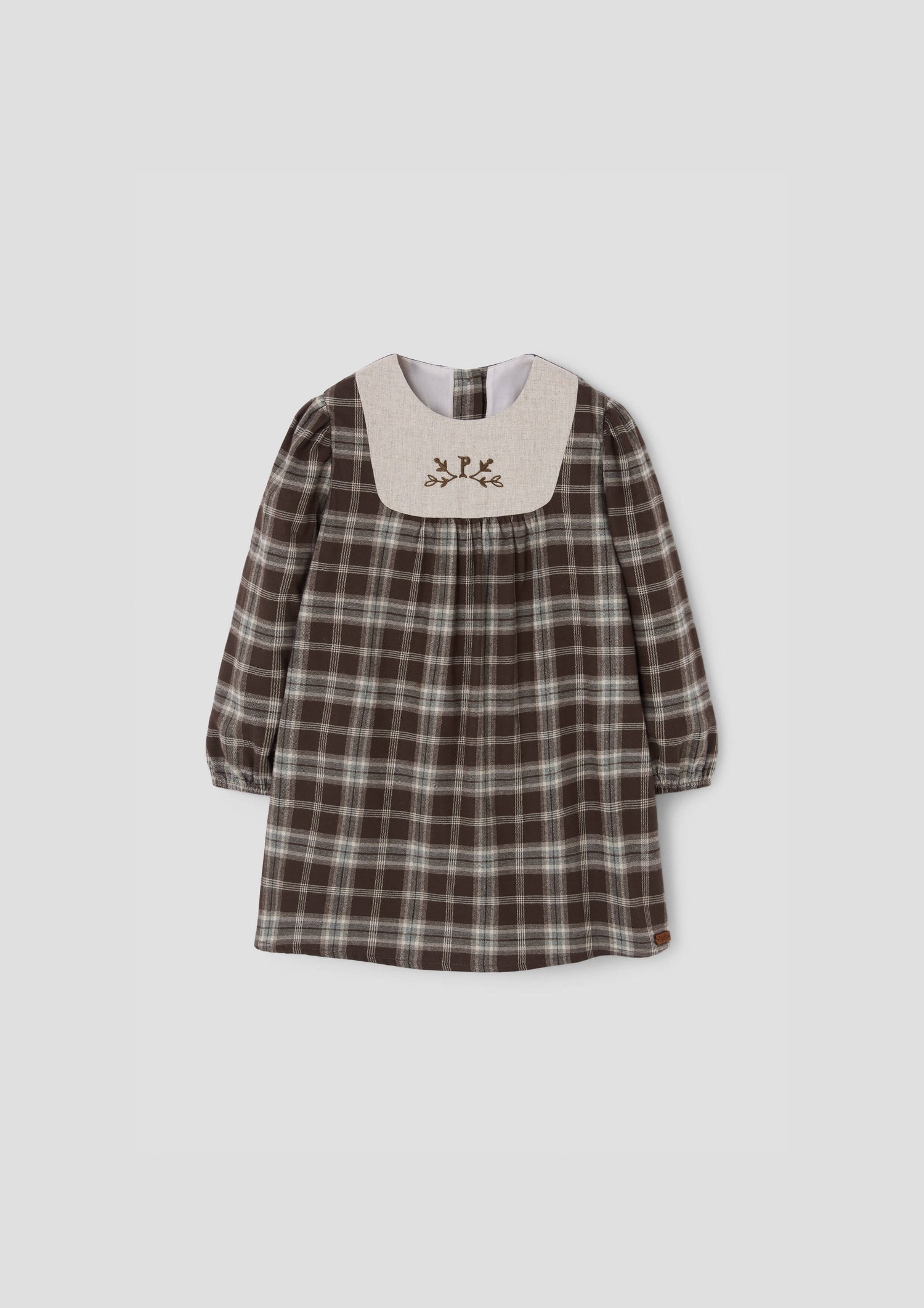 Popelin Girls Brown Plaid Short Dress With Embroidered Yoke