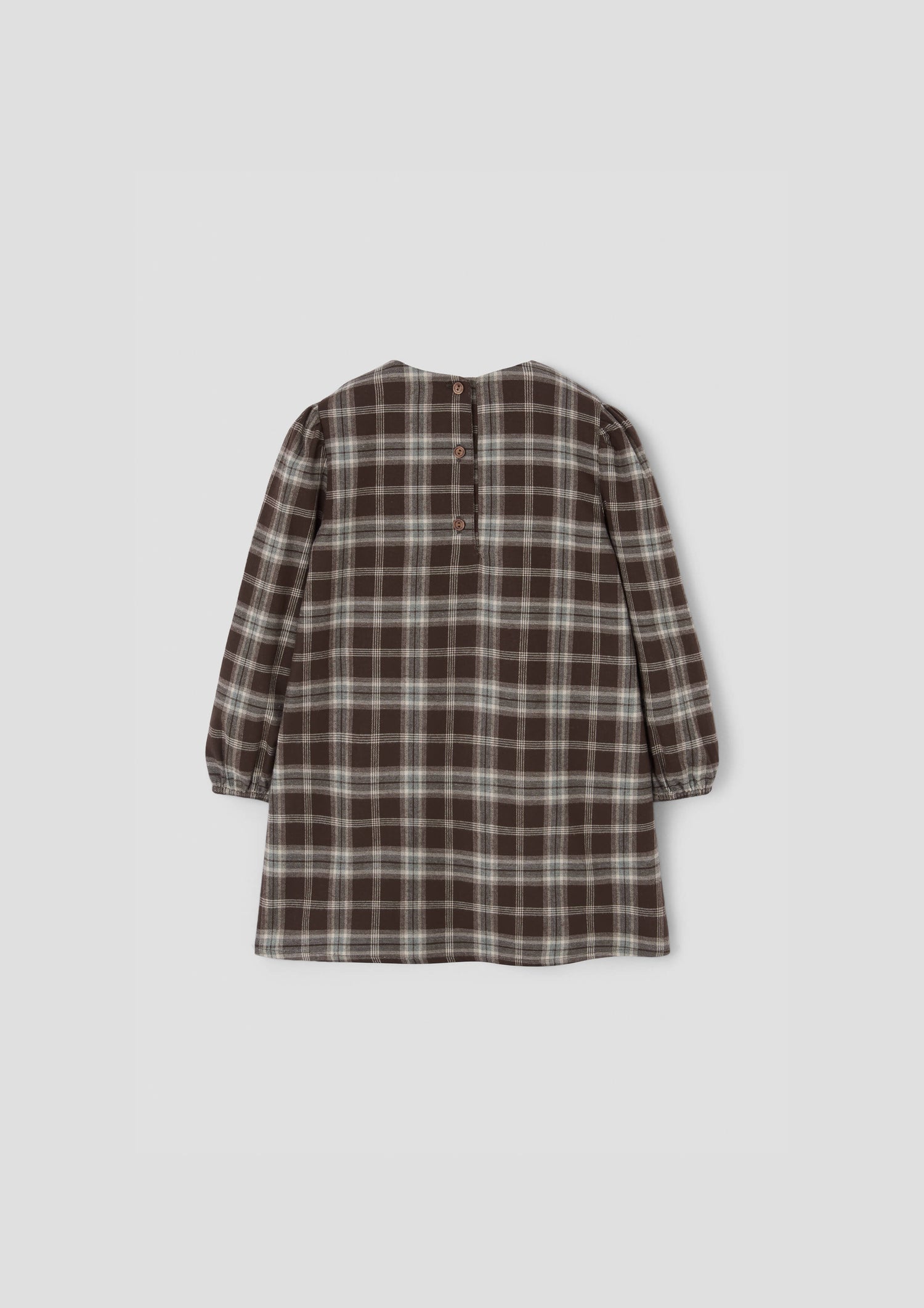 Popelin Girls Brown Plaid Short Dress With Embroidered Yoke