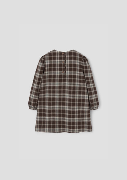 Popelin Girls Brown Plaid Short Dress With Embroidered Yoke