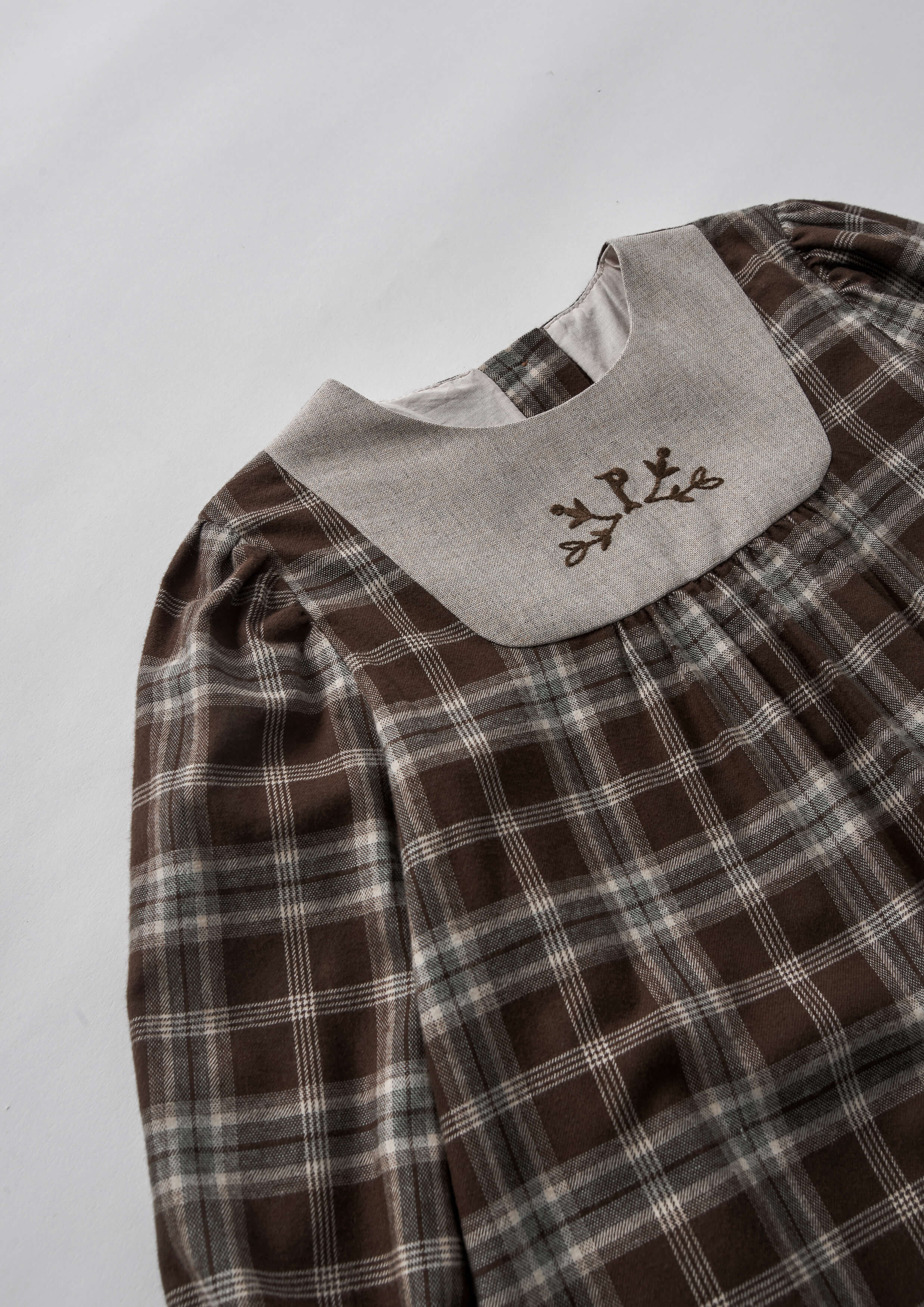 Popelin Girls Brown Plaid Short Dress With Embroidered Yoke