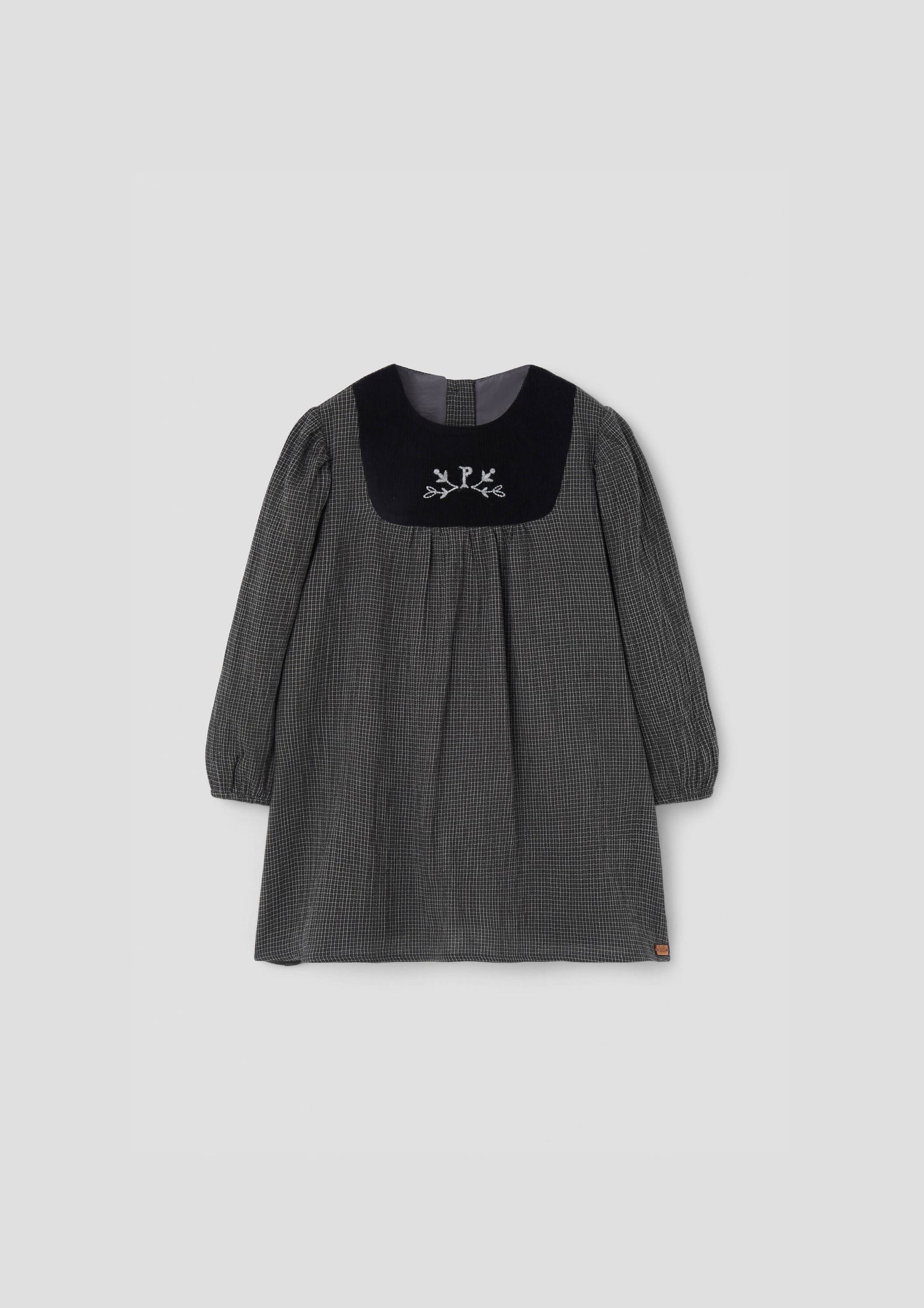 Popelin Girls Black Gingham Short Dress With Embroidered Yoke