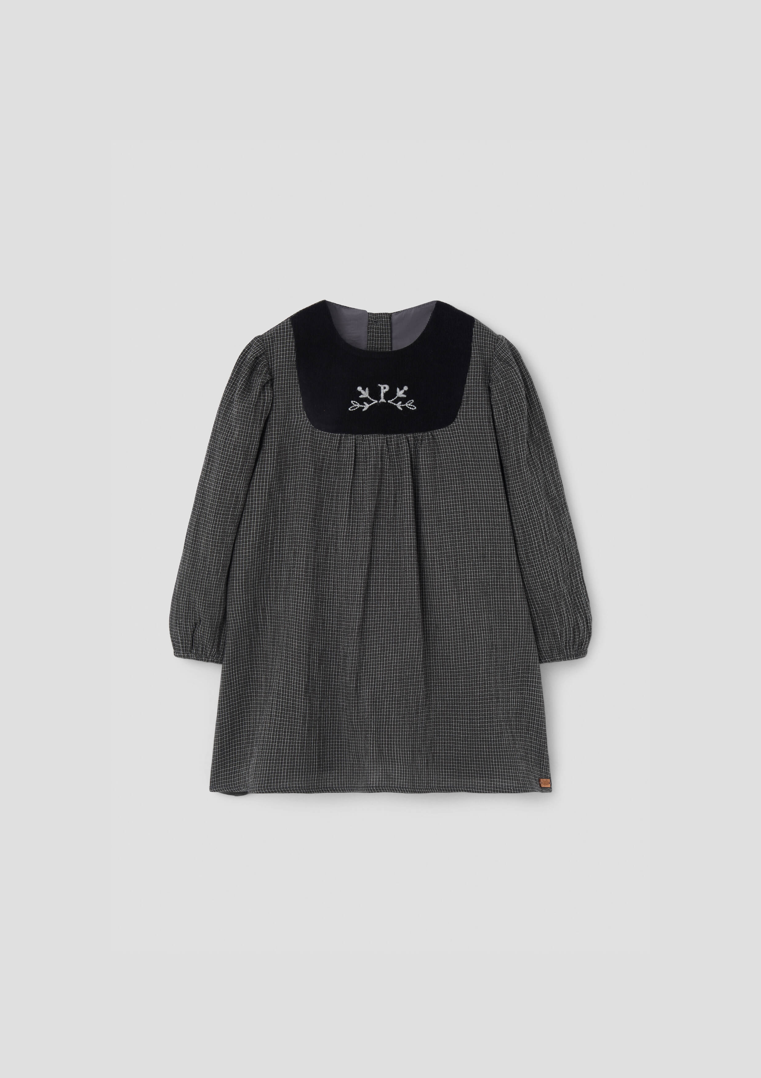 Popelin Girls Black Gingham Short Dress With Embroidered Yoke