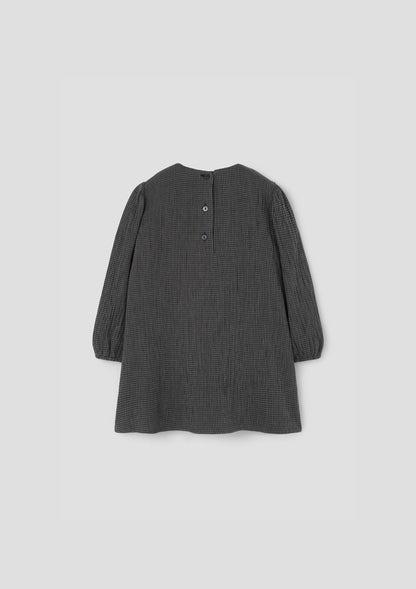 Popelin Girls Black Gingham Short Dress With Embroidered Yoke