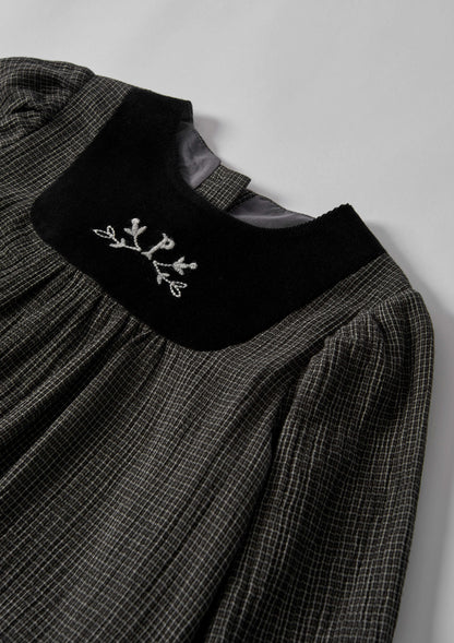 Popelin Girls Black Gingham Short Dress With Embroidered Yoke