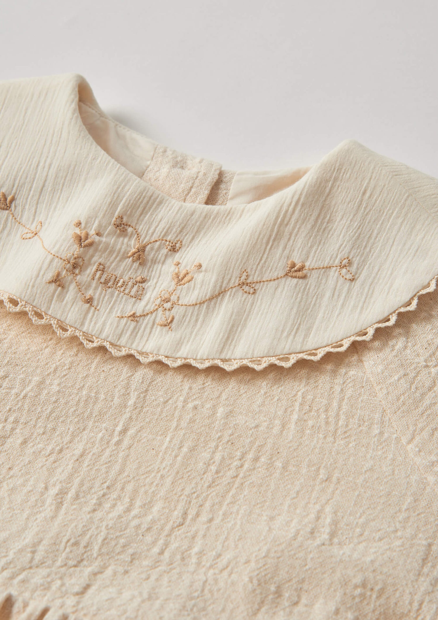 Popelin Off-White Short Dress with Embroidered Bib Collar