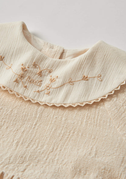 Popelin Off-White Short Dress with Embroidered Bib Collar