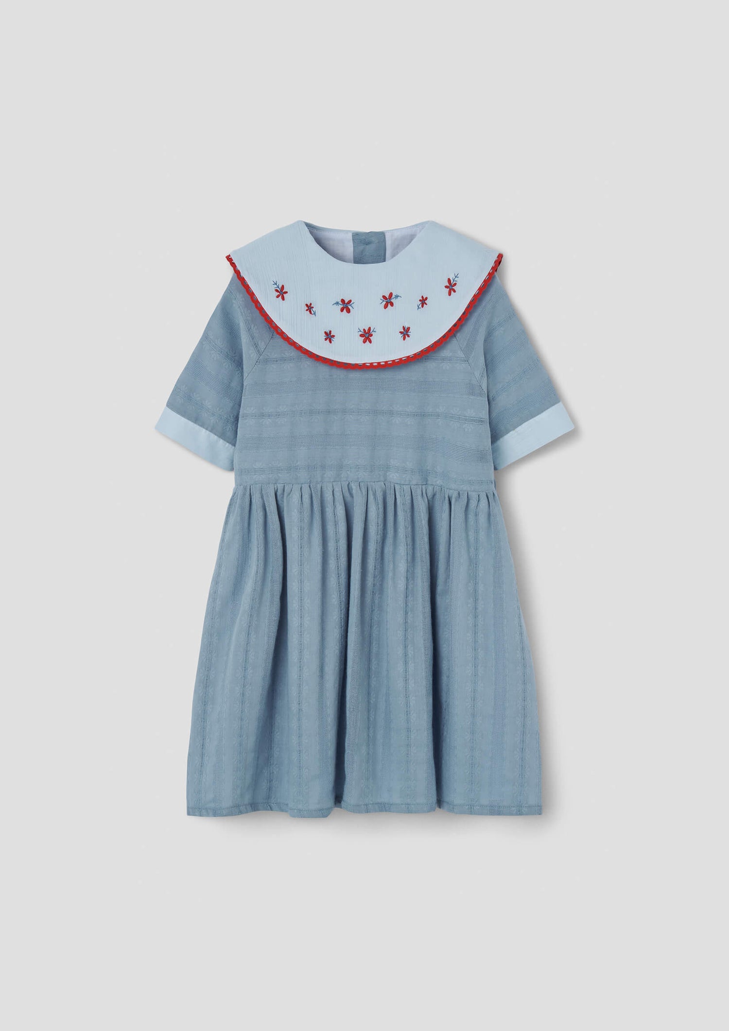 Popelin Blue Short Dress with Embroidered Bib Collar
