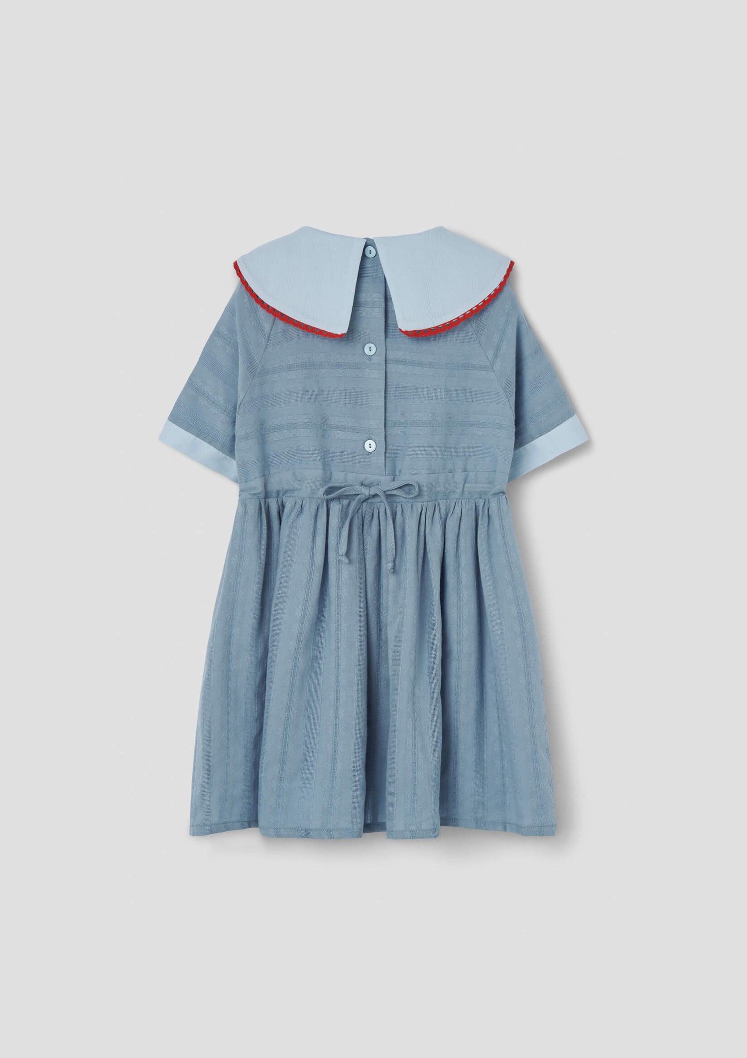 Popelin Blue Short Dress with Embroidered Bib Collar