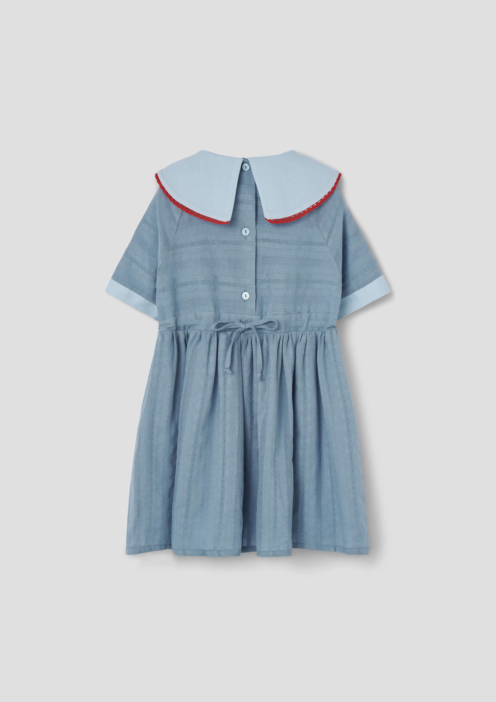 Popelin Blue Short Dress with Embroidered Bib Collar