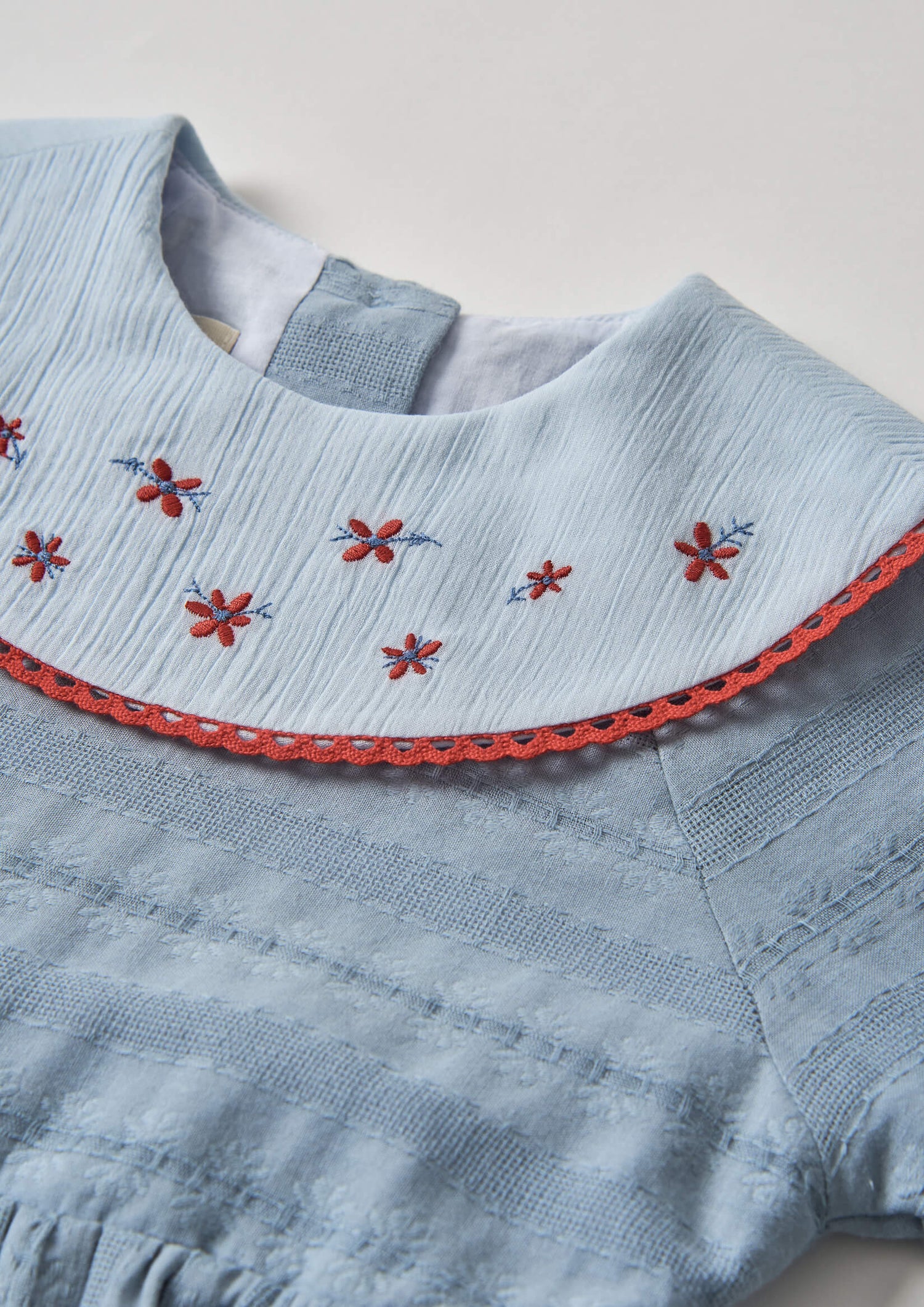 Popelin Blue Short Dress with Embroidered Bib Collar