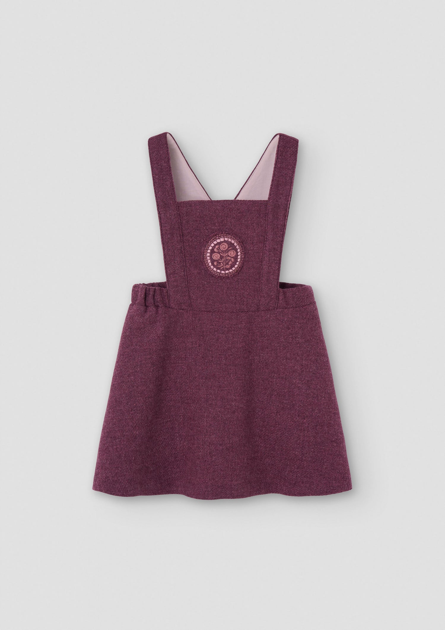 Popelin Girls Wine Red Woollen Short Dress With Embroidered Bib Yoke