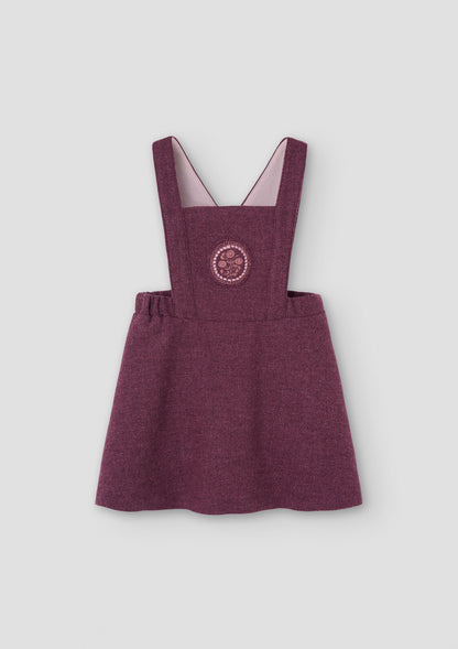 Popelin Girls Wine Red Woollen Short Dress With Embroidered Bib Yoke