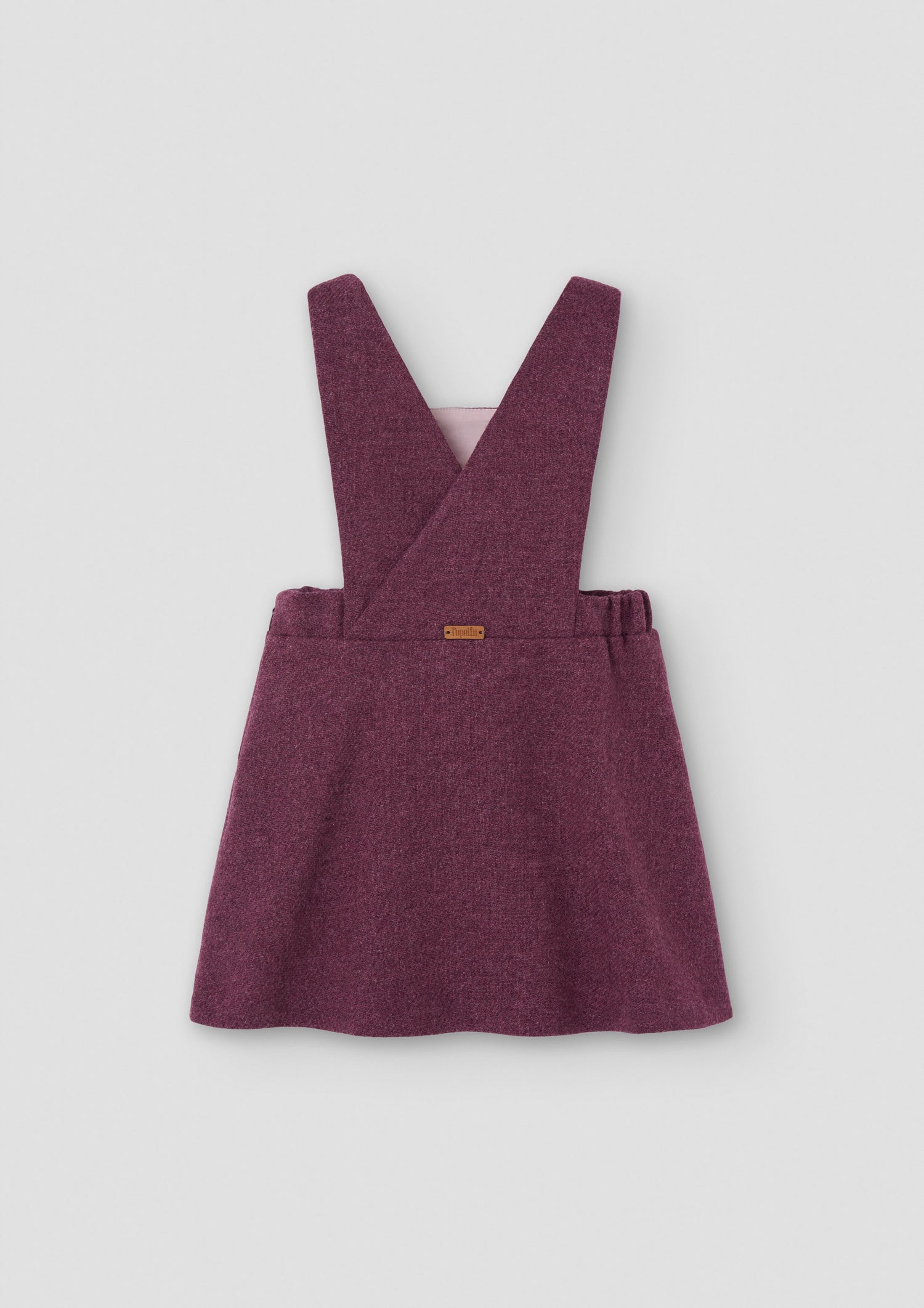 Popelin Girls Wine Red Woollen Short Dress With Embroidered Bib Yoke