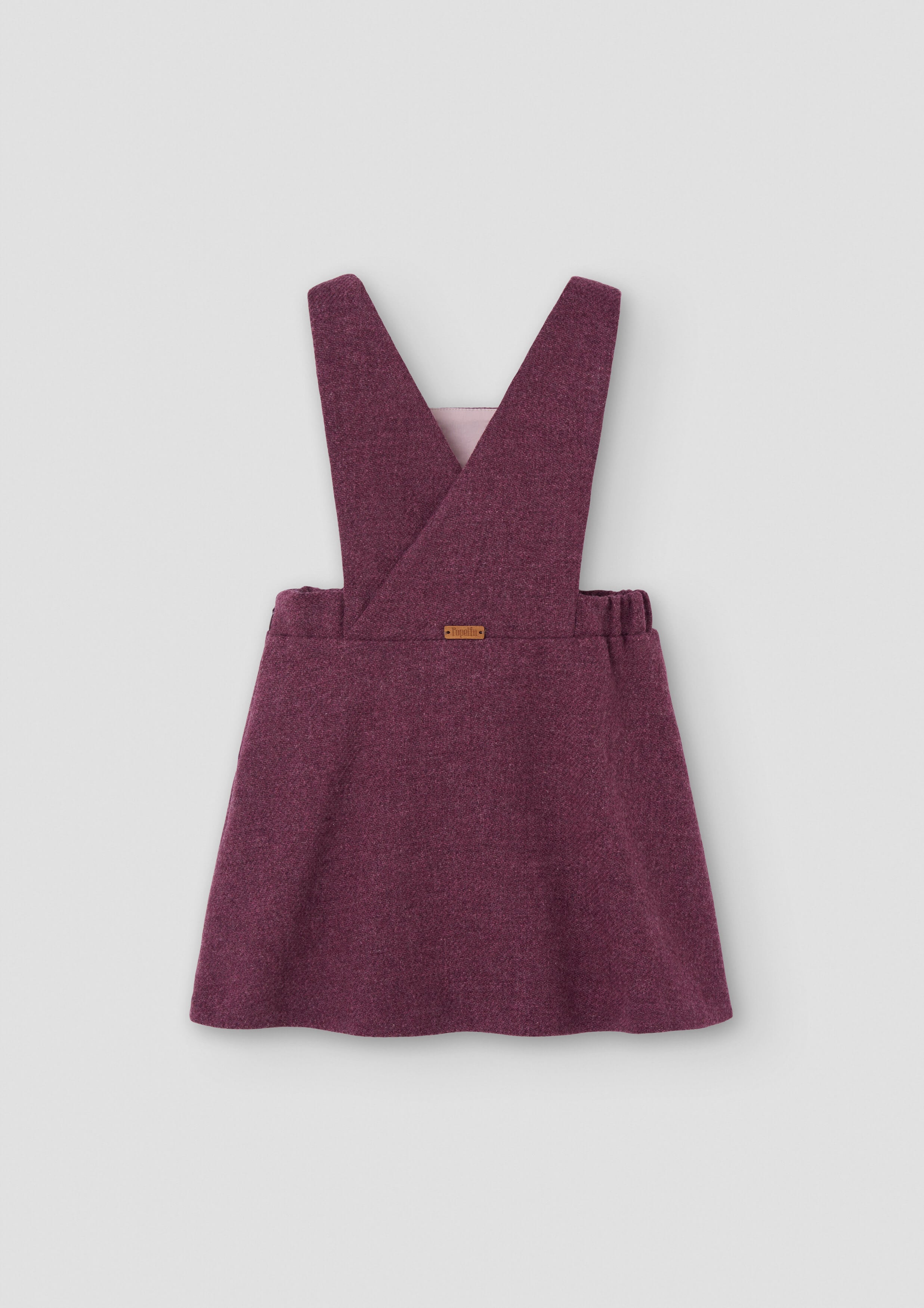 Popelin Girls Wine Red Woollen Short Dress With Embroidered Bib Yoke