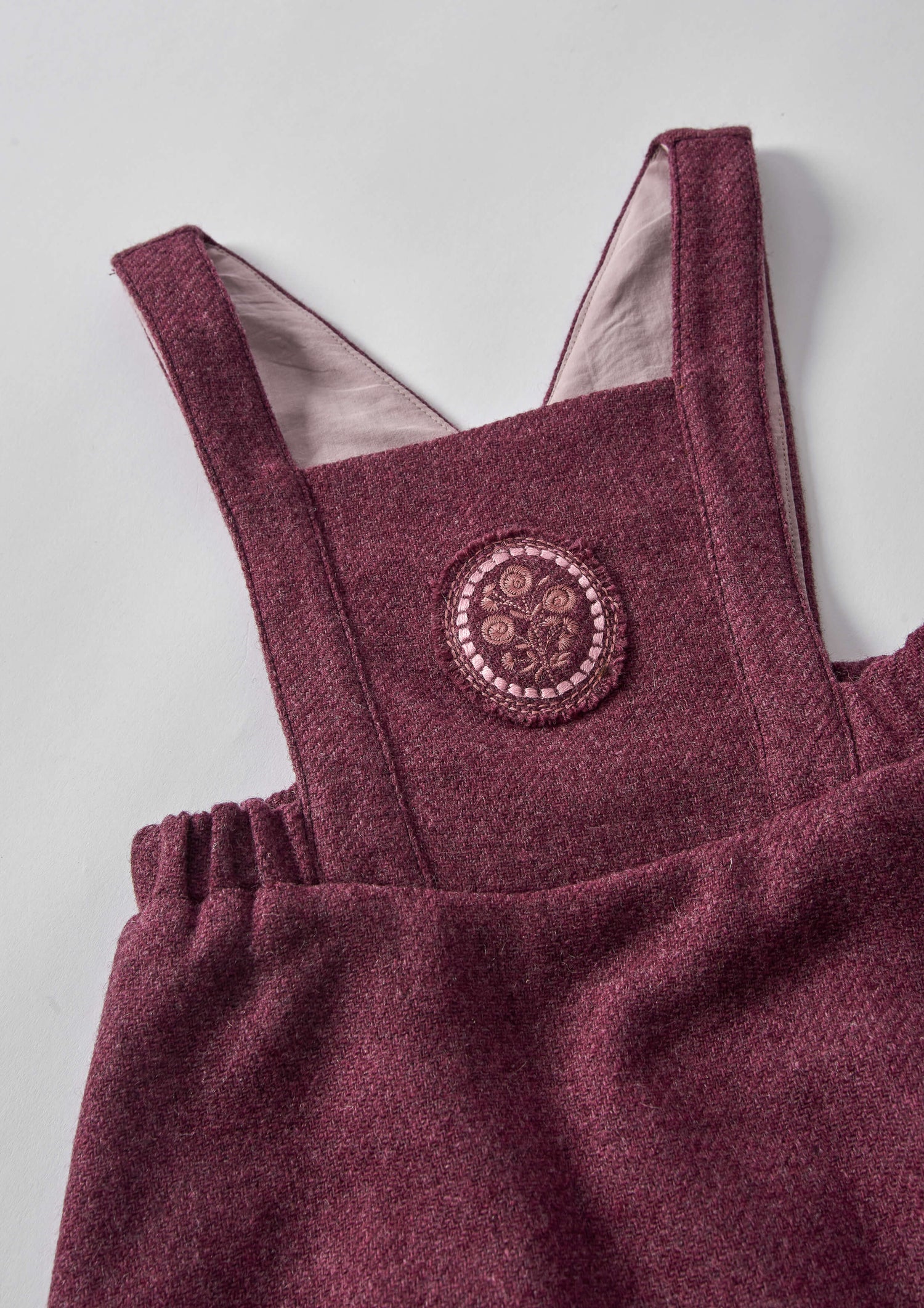 Popelin Girls Wine Red Woollen Short Dress With Embroidered Bib Yoke