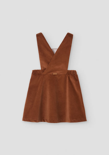 Popelin Girls Terracotta Velvet Short Dress With Embroidered Bib Yoke