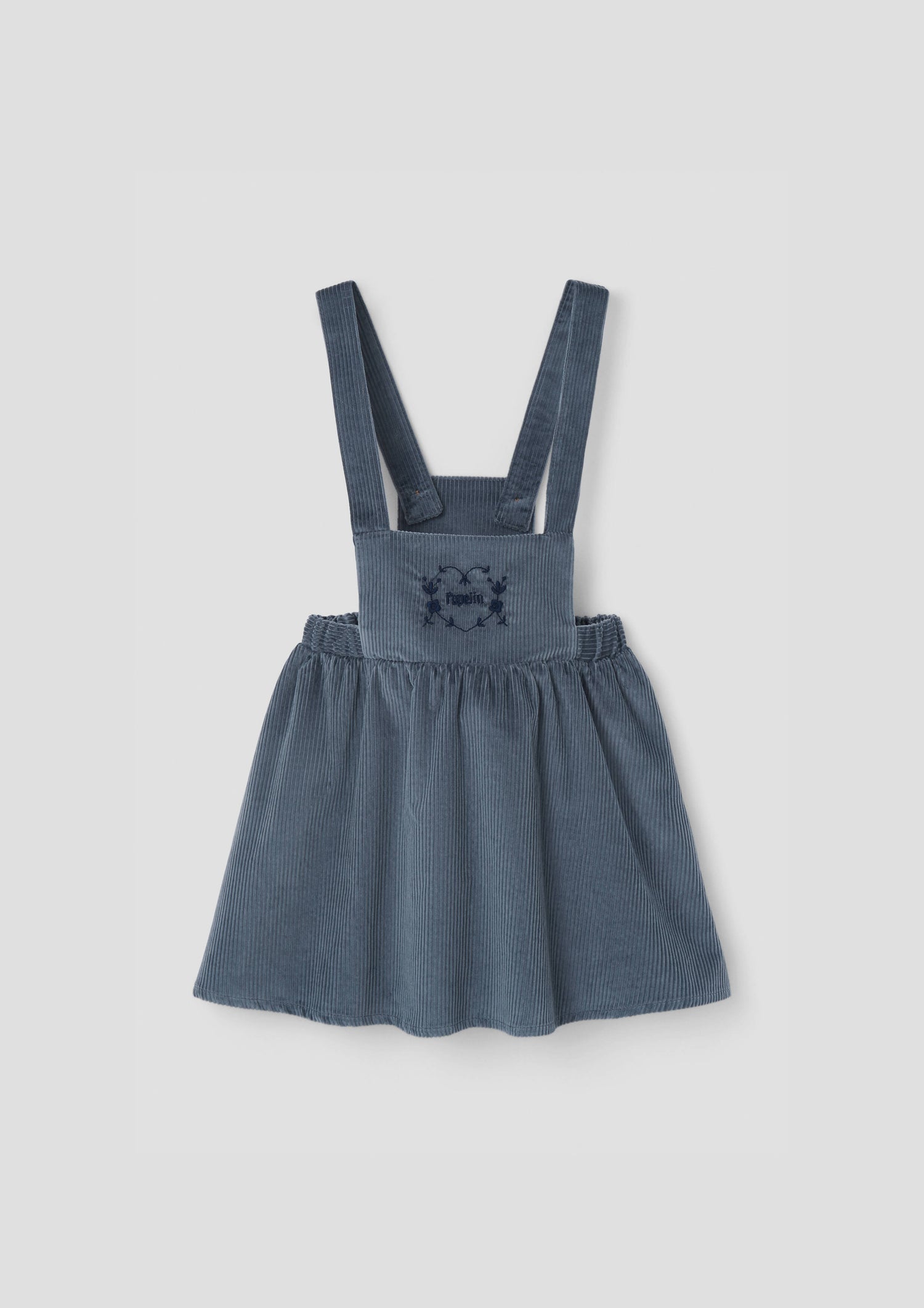 Popelin Girls Grey-Blue Corduroy Short Dress With Embroidered Bib