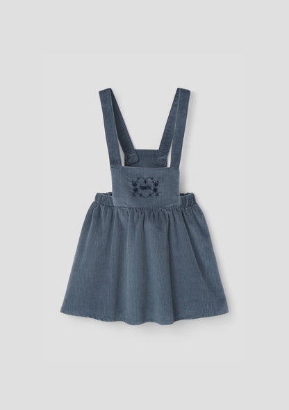 Popelin Girls Grey-Blue Corduroy Short Dress With Embroidered Bib