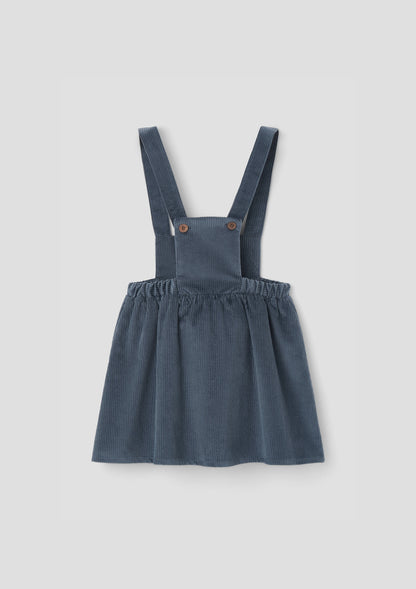 Popelin Girls Grey-Blue Corduroy Short Dress With Embroidered Bib
