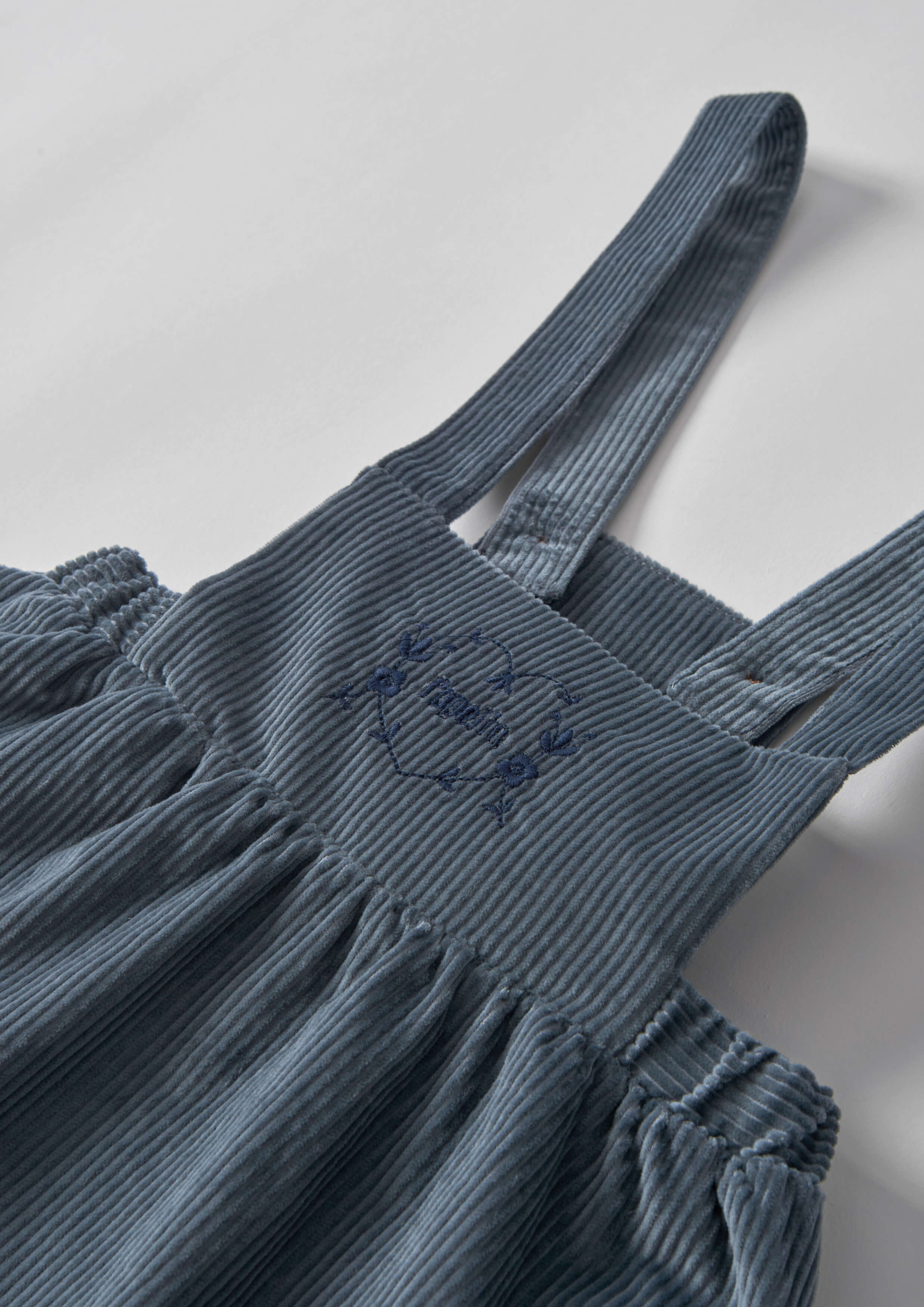 Popelin Girls Grey-Blue Corduroy Short Dress With Embroidered Bib