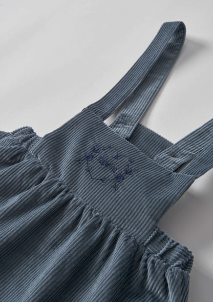 Popelin Girls Grey-Blue Corduroy Short Dress With Embroidered Bib